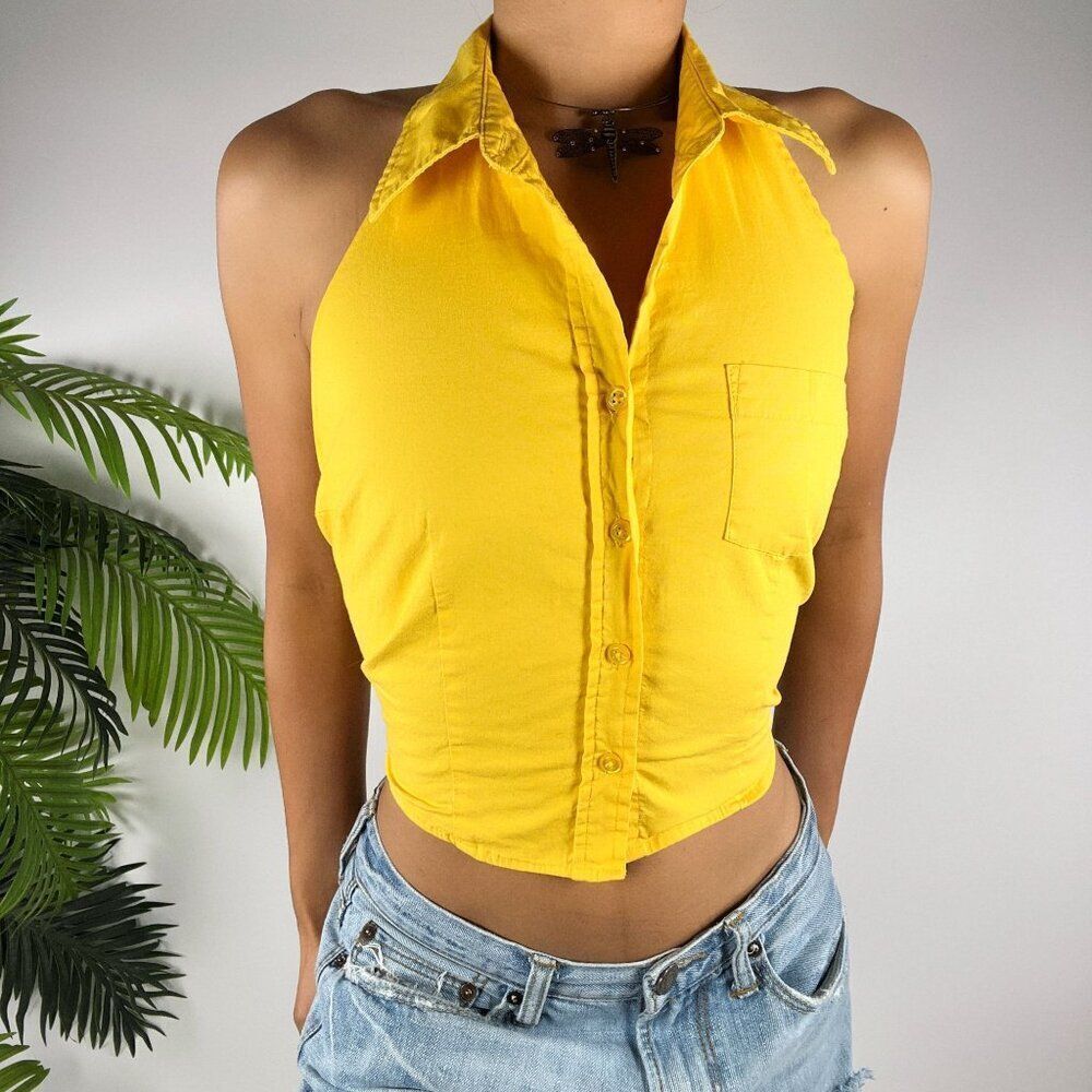 Vintage Y2K Yellow Casual Preppy Sleeveless Collared Summer Halter Crop Top / M - Picture 3 of 8